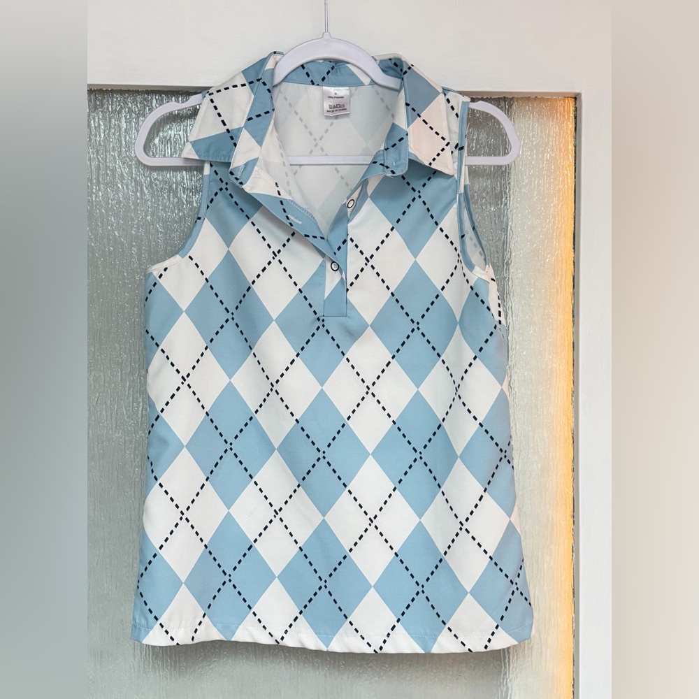 Sleeveless Light Blue & White Argyle top NWOT